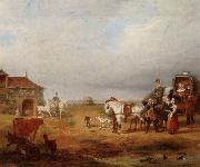 unknow artist An open landscape with a horse and carriage halted beside a pond,with anmals and innnearby oil painting